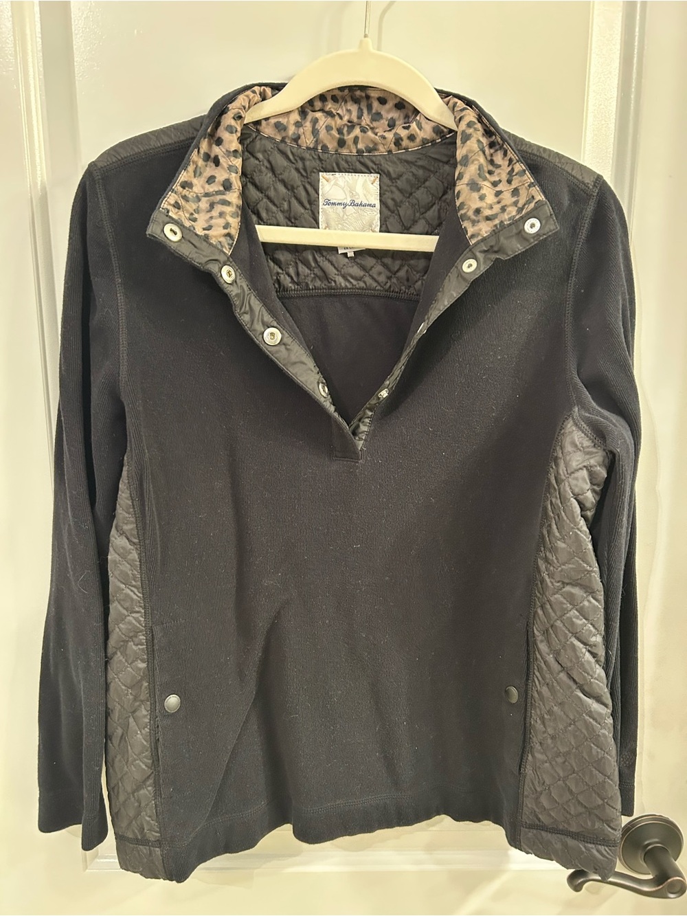 Tommy Bahama Black Quilted Pullover with Leopard Trim